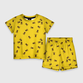 Детский костюм с шортами 3D с принтом Пчелы в сотах в Петрозаводске,  |  | bee | beehive | brown | bug | honey | honeycomb | insect | toiler | yellow | букашка | желтый | коричневый | мёд | насекомое | пчела | соты | труженик | улей