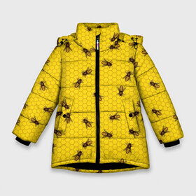Зимняя куртка для девочек 3D с принтом Пчелы в сотах в Петрозаводске, ткань верха — 100% полиэстер; подклад — 100% полиэстер, утеплитель — 100% полиэстер. | длина ниже бедра, удлиненная спинка, воротник стойка и отстегивающийся капюшон. Есть боковые карманы с листочкой на кнопках, утяжки по низу изделия и внутренний карман на молнии. 

Предусмотрены светоотражающий принт на спинке, радужный светоотражающий элемент на пуллере молнии и на резинке для утяжки. | bee | beehive | brown | bug | honey | honeycomb | insect | toiler | yellow | букашка | желтый | коричневый | мёд | насекомое | пчела | соты | труженик | улей