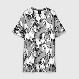 Детское платье 3D с принтом Белые лошади в Петрозаводске, 100% полиэстер | прямой силуэт, чуть расширенный к низу. Круглая горловина, на рукавах — воланы | animal | black | cool | gray | hooves | horse | illustration | mane | mustang | muzzle | running | speed | tail | white | бег | белый | грива | животное | иллюстрация | копыта | лошадь | мустанг | прикольно | серый | скорость | хвост | черный