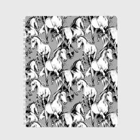 Тетрадь с принтом Белые лошади в Петрозаводске, 100% бумага | 48 листов, плотность листов — 60 г/м2, плотность картонной обложки — 250 г/м2. Листы скреплены сбоку удобной пружинной спиралью. Уголки страниц и обложки скругленные. Цвет линий — светло-серый
 | Тематика изображения на принте: animal | black | cool | gray | hooves | horse | illustration | mane | mustang | muzzle | running | speed | tail | white | бег | белый | грива | животное | иллюстрация | копыта | лошадь | мустанг | прикольно | серый | скорость | хвост | черный