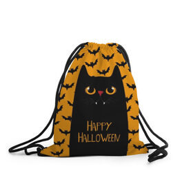Рюкзак-мешок 3D с принтом Happy Halloween в Петрозаводске, 100% полиэстер | плотность ткани — 200 г/м2, размер — 35 х 45 см; лямки — толстые шнурки, застежка на шнуровке, без карманов и подкладки | autumn | bat | black | cat | eyes | fangs | halloween | holiday | horror | horrors | mouse | yellow | глаза | желтый | жуть | клыки | кот | летучая | мышь | осень | праздник | ужасы | хэллоуин | черный