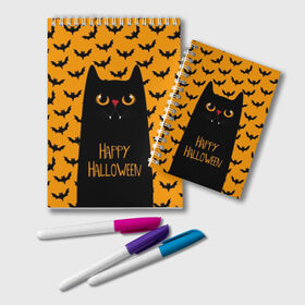 Блокнот с принтом Happy Halloween в Петрозаводске, 100% бумага | 48 листов, плотность листов — 60 г/м2, плотность картонной обложки — 250 г/м2. Листы скреплены удобной пружинной спиралью. Цвет линий — светло-серый
 | autumn | bat | black | cat | eyes | fangs | halloween | holiday | horror | horrors | mouse | yellow | глаза | желтый | жуть | клыки | кот | летучая | мышь | осень | праздник | ужасы | хэллоуин | черный