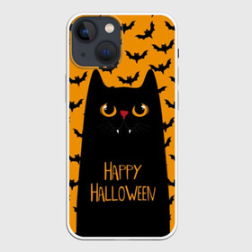 Чехол для iPhone 13 mini с принтом Happy Halloween в Петрозаводске,  |  | autumn | bat | black | cat | eyes | fangs | halloween | holiday | horror | horrors | mouse | yellow | глаза | желтый | жуть | клыки | кот | летучая | мышь | осень | праздник | ужасы | хэллоуин | черный