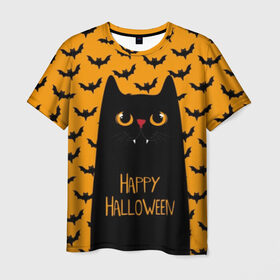 Мужская футболка 3D с принтом Happy Halloween в Петрозаводске, 100% полиэфир | прямой крой, круглый вырез горловины, длина до линии бедер | autumn | bat | black | cat | eyes | fangs | halloween | holiday | horror | horrors | mouse | yellow | глаза | желтый | жуть | клыки | кот | летучая | мышь | осень | праздник | ужасы | хэллоуин | черный