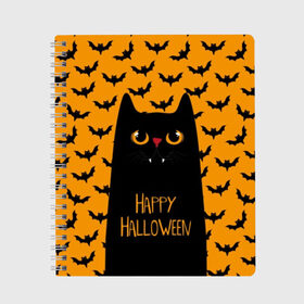 Тетрадь с принтом Happy Halloween в Петрозаводске, 100% бумага | 48 листов, плотность листов — 60 г/м2, плотность картонной обложки — 250 г/м2. Листы скреплены сбоку удобной пружинной спиралью. Уголки страниц и обложки скругленные. Цвет линий — светло-серый
 | autumn | bat | black | cat | eyes | fangs | halloween | holiday | horror | horrors | mouse | yellow | глаза | желтый | жуть | клыки | кот | летучая | мышь | осень | праздник | ужасы | хэллоуин | черный