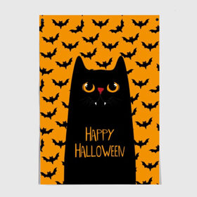 Постер с принтом Happy Halloween в Петрозаводске, 100% бумага
 | бумага, плотность 150 мг. Матовая, но за счет высокого коэффициента гладкости имеет небольшой блеск и дает на свету блики, но в отличии от глянцевой бумаги не покрыта лаком | autumn | bat | black | cat | eyes | fangs | halloween | holiday | horror | horrors | mouse | yellow | глаза | желтый | жуть | клыки | кот | летучая | мышь | осень | праздник | ужасы | хэллоуин | черный