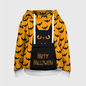 Детская толстовка 3D с принтом Happy Halloween в Петрозаводске, 100% полиэстер | двухслойный капюшон со шнурком для регулировки, мягкие манжеты на рукавах и по низу толстовки, спереди карман-кенгуру с мягким внутренним слоем | Тематика изображения на принте: autumn | bat | black | cat | eyes | fangs | halloween | holiday | horror | horrors | mouse | yellow | глаза | желтый | жуть | клыки | кот | летучая | мышь | осень | праздник | ужасы | хэллоуин | черный