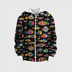 Детская куртка 3D с принтом Разноцветные рыбы в Петрозаводске, 100% полиэстер | застежка — молния, подол и капюшон оформлены резинкой с фиксаторами, по бокам — два кармана без застежек, один потайной карман на груди, плотность верхнего слоя — 90 г/м2; плотность флисового подклада — 260 г/м2 | abstraction | art | bright | colorful | cool | fin | fish | funny | tail | water | абстракция | арт | вода | плавник | прикольно | разноцветный | рыба | смешно | хвост | яркий