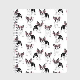 Тетрадь с принтом Французские бульдоги в очках в Петрозаводске, 100% бумага | 48 листов, плотность листов — 60 г/м2, плотность картонной обложки — 250 г/м2. Листы скреплены сбоку удобной пружинной спиралью. Уголки страниц и обложки скругленные. Цвет линий — светло-серый
 | black | breed | cool | cute | dog | french bulldog | pink | puppy | white | белый | мило | очки | пёс | порода | прикольный | псина | розовый | собака | французский бульдог | черный | щенок