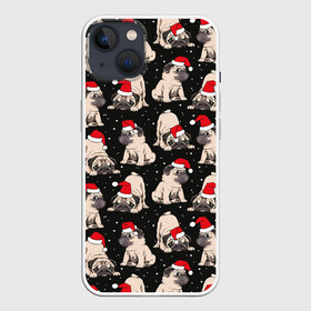 Чехол для iPhone 13 с принтом Новогодние мопсы в Петрозаводске,  |  | black | christmas | cute | dog | funny | hat | new year | pug | puppy | red | snow | white | winter | белый | зима | красный | мило | мопс | новогодний | новый год | пёс | прикольно | рождество | снег | собака | собакен | чёрный | шапка | щенок