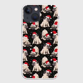 Чехол для iPhone 13 mini с принтом Новогодние мопсы в Петрозаводске,  |  | black | christmas | cute | dog | funny | hat | new year | pug | puppy | red | snow | white | winter | белый | зима | красный | мило | мопс | новогодний | новый год | пёс | прикольно | рождество | снег | собака | собакен | чёрный | шапка | щенок