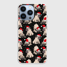 Чехол для iPhone 13 Pro с принтом Новогодние мопсы в Петрозаводске,  |  | black | christmas | cute | dog | funny | hat | new year | pug | puppy | red | snow | white | winter | белый | зима | красный | мило | мопс | новогодний | новый год | пёс | прикольно | рождество | снег | собака | собакен | чёрный | шапка | щенок