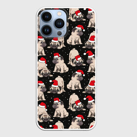 Чехол для iPhone 13 Pro Max с принтом Новогодние мопсы в Петрозаводске,  |  | black | christmas | cute | dog | funny | hat | new year | pug | puppy | red | snow | white | winter | белый | зима | красный | мило | мопс | новогодний | новый год | пёс | прикольно | рождество | снег | собака | собакен | чёрный | шапка | щенок