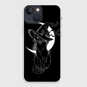 Чехол для iPhone 13 mini с принтом Кошка колдунья в Петрозаводске,  |  | black | cat | cl | crescent | fangs | halloween | hat | holiday | hunter | kitty | magic | month | moon | mystic | night | predator | white | witch | белый | ведьма | киса | клыки | когти | колдовство | кот | котэ | кошка | луна | магия | месяц | мистика 