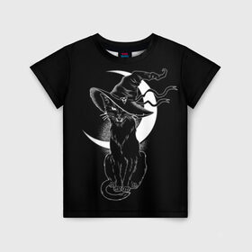 Детская футболка 3D с принтом Кошка колдунья в Петрозаводске, 100% гипоаллергенный полиэфир | прямой крой, круглый вырез горловины, длина до линии бедер, чуть спущенное плечо, ткань немного тянется | black | cat | cl | crescent | fangs | halloween | hat | holiday | hunter | kitty | magic | month | moon | mystic | night | predator | white | witch | белый | ведьма | киса | клыки | когти | колдовство | кот | котэ | кошка | луна | магия | месяц | мистика 