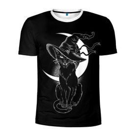 Мужская футболка 3D спортивная с принтом Кошка колдунья в Петрозаводске, 100% полиэстер с улучшенными характеристиками | приталенный силуэт, круглая горловина, широкие плечи, сужается к линии бедра | black | cat | cl | crescent | fangs | halloween | hat | holiday | hunter | kitty | magic | month | moon | mystic | night | predator | white | witch | белый | ведьма | киса | клыки | когти | колдовство | кот | котэ | кошка | луна | магия | месяц | мистика 