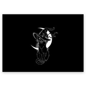 Поздравительная открытка с принтом Кошка колдунья в Петрозаводске, 100% бумага | плотность бумаги 280 г/м2, матовая, на обратной стороне линовка и место для марки
 | black | cat | cl | crescent | fangs | halloween | hat | holiday | hunter | kitty | magic | month | moon | mystic | night | predator | white | witch | белый | ведьма | киса | клыки | когти | колдовство | кот | котэ | кошка | луна | магия | месяц | мистика 