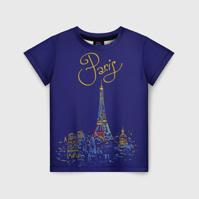Детская футболка 3D с принтом Париж в Петрозаводске, 100% гипоаллергенный полиэфир | прямой крой, круглый вырез горловины, длина до линии бедер, чуть спущенное плечо, ткань немного тянется | blue | drawing | eiffel tower | france | paris | romance | yellow | желтый | париж | рисунок | романтика | синий | франция | эйфелева башня