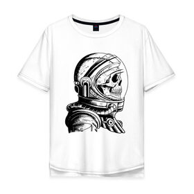 Мужская футболка хлопок Oversize с принтом Скелет астронавт в Петрозаводске, 100% хлопок | свободный крой, круглый ворот, “спинка” длиннее передней части | Тематика изображения на принте: арт | астронавт | космос | линии | скафандр | скелет | скетч | черно белый