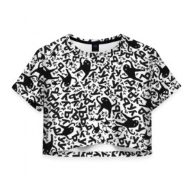 Женская футболка Cropp-top с принтом ЪУЪ в Петрозаводске, 100% полиэстер | круглая горловина, длина футболки до линии талии, рукава с отворотами | белый | буквы | кот | кошка | мем | паттерн | узор | уъу | черный