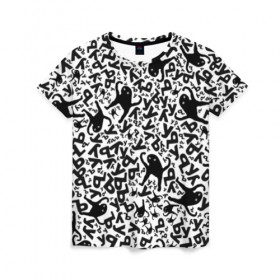 Женская футболка 3D с принтом ЪУЪ в Петрозаводске, 100% полиэфир ( синтетическое хлопкоподобное полотно) | прямой крой, круглый вырез горловины, длина до линии бедер | белый | буквы | кот | кошка | мем | паттерн | узор | уъу | черный