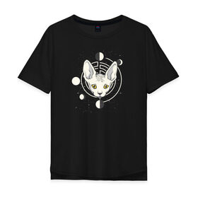 Мужская футболка хлопок Oversize с принтом Кот с Лунами в Петрозаводске, 100% хлопок | свободный крой, круглый ворот, “спинка” длиннее передней части | астрология | астрономия | космос | кот | котики | коты | луна | луны | сфинкс
