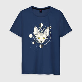 Мужская футболка хлопок с принтом Кот с Лунами в Петрозаводске, 100% хлопок | прямой крой, круглый вырез горловины, длина до линии бедер, слегка спущенное плечо. | астрология | астрономия | космос | кот | котики | коты | луна | луны | сфинкс