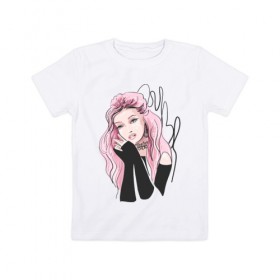 Детская футболка хлопок с принтом Очаровательная милая девушка с розовыми волосами в Петрозаводске, 100% хлопок | круглый вырез горловины, полуприлегающий силуэт, длина до линии бедер | блестками | волосами | восхитительная | девушка | иллюстрация | красивая | мечтательная | милая | рисунок | розовый | розовыми | руки | украшения | украшениями | фэшн