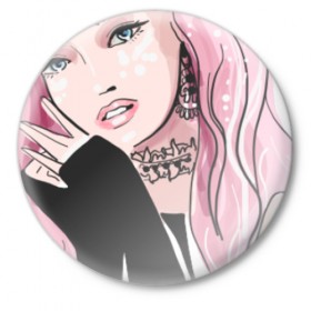 Значок с принтом Очаровательная милая девушка с розовыми волосами в Петрозаводске,  металл | круглая форма, металлическая застежка в виде булавки | блестками | волосами | восхитительная | девушка | иллюстрация | красивая | мечтательная | милая | рисунок | розовый | розовыми | руки | украшения | украшениями | фэшн