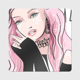 Магнит виниловый Квадрат с принтом Очаровательная милая девушка с розовыми волосами в Петрозаводске, полимерный материал с магнитным слоем | размер 9*9 см, закругленные углы | блестками | волосами | восхитительная | девушка | иллюстрация | красивая | мечтательная | милая | рисунок | розовый | розовыми | руки | украшения | украшениями | фэшн