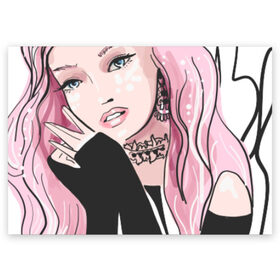 Поздравительная открытка с принтом Очаровательная милая девушка с розовыми волосами в Петрозаводске, 100% бумага | плотность бумаги 280 г/м2, матовая, на обратной стороне линовка и место для марки
 | блестками | волосами | восхитительная | девушка | иллюстрация | красивая | мечтательная | милая | рисунок | розовый | розовыми | руки | украшения | украшениями | фэшн