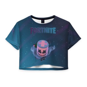 Женская футболка Cropp-top с принтом Fortnite x Marshmello (Smail). в Петрозаводске, 100% полиэстер | круглая горловина, длина футболки до линии талии, рукава с отворотами | 3d | fortnite | marshmello | smail | абстракция | дизайн | звезды | игра | искусство | космос | маршмеллоу | надпись | смайл | стиль | текстура | эмблема