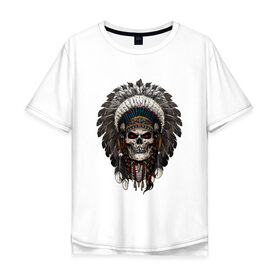 Мужская футболка хлопок Oversize с принтом Череп индеец в Петрозаводске, 100% хлопок | свободный крой, круглый ворот, “спинка” длиннее передней части | америка | воин | иллюстрация | индеец | нативный американец | перья | череп