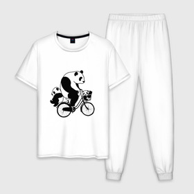 Мужская пижама хлопок с принтом Панда на велике в Петрозаводске, 100% хлопок | брюки и футболка прямого кроя, без карманов, на брюках мягкая резинка на поясе и по низу штанин
 | Тематика изображения на принте: велосипед | детеныши панды | животные | медведи | панда | панда катается | панда на велике | три панды | черно белые