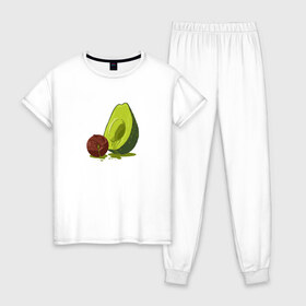 Женская пижама хлопок с принтом Avocado R.I.P. в Петрозаводске, 100% хлопок | брюки и футболка прямого кроя, без карманов, на брюках мягкая резинка на поясе и по низу штанин | Тематика изображения на принте: авокадо | арт | веган | вегетарианец | вкусняшка | еда | жиры | зеленый | зож | косточка | милый | овощи | пп | фрукты | юмор