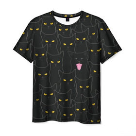 Мужская футболка 3D с принтом Чёрные коты в Петрозаводске, 100% полиэфир | прямой крой, круглый вырез горловины, длина до линии бедер | black | cat | eyes | halloween | kitten | look | magic | muzzle | mysticism | witch | witchcraft | yellow | ведьма | взгляд | глаза | желтый | колдовство | кот | котёнок | котик | кошачья | магия | мистика | хэллоуин | черный