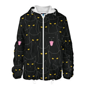 Мужская куртка 3D с принтом Чёрные коты в Петрозаводске, ткань верха — 100% полиэстер, подклад — флис | прямой крой, подол и капюшон оформлены резинкой с фиксаторами, два кармана без застежек по бокам, один большой потайной карман на груди. Карман на груди застегивается на липучку | black | cat | eyes | halloween | kitten | look | magic | muzzle | mysticism | witch | witchcraft | yellow | ведьма | взгляд | глаза | желтый | колдовство | кот | котёнок | котик | кошачья | магия | мистика | хэллоуин | черный
