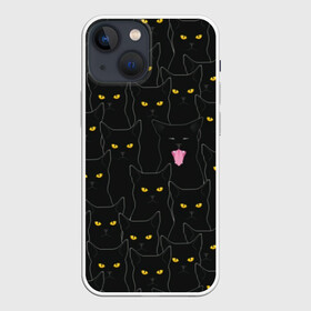 Чехол для iPhone 13 mini с принтом Чёрные коты в Петрозаводске,  |  | black | cat | eyes | halloween | kitten | look | magic | muzzle | mysticism | witch | witchcraft | yellow | ведьма | взгляд | глаза | желтый | колдовство | кот | котёнок | котик | кошачья | магия | мистика | хэллоуин | черный