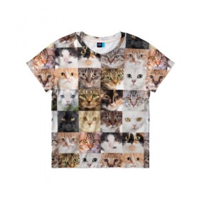 Детская футболка 3D с принтом Кошачий коллаж в Петрозаводске, 100% гипоаллергенный полиэфир | прямой крой, круглый вырез горловины, длина до линии бедер, чуть спущенное плечо, ткань немного тянется | breed | cat | cats | collage | eyes | fluffy | funny | kitten | look | meow | mustache | muzzle | photo | squares | взгляд | глаза | квадраты | коллаж | кот | котёнок | котики | кошка | мяу | порода | прикольный | пушистый | усы | фото