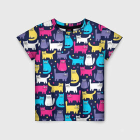 Детская футболка 3D с принтом Разноцветные котики в Петрозаводске, 100% гипоаллергенный полиэфир | прямой крой, круглый вырез горловины, длина до линии бедер, чуть спущенное плечо, ткань немного тянется | Тематика изображения на принте: blue | cat | colorful | cool | dots | kitten | paws | pink | tail | torso | white | yellow | белый | желтый | кот | котёнок | котик | котэ | кошка | лапы | прикольный | разноцветный | розовый | синий | точки | туловище | хвост