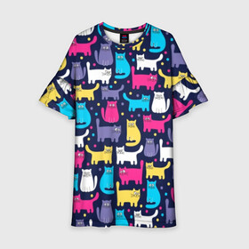 Детское платье 3D с принтом Разноцветные котики в Петрозаводске, 100% полиэстер | прямой силуэт, чуть расширенный к низу. Круглая горловина, на рукавах — воланы | Тематика изображения на принте: blue | cat | colorful | cool | dots | kitten | paws | pink | tail | torso | white | yellow | белый | желтый | кот | котёнок | котик | котэ | кошка | лапы | прикольный | разноцветный | розовый | синий | точки | туловище | хвост