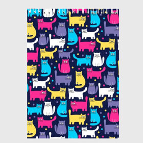 Скетчбук с принтом Разноцветные котики в Петрозаводске, 100% бумага
 | 48 листов, плотность листов — 100 г/м2, плотность картонной обложки — 250 г/м2. Листы скреплены сверху удобной пружинной спиралью | blue | cat | colorful | cool | dots | kitten | paws | pink | tail | torso | white | yellow | белый | желтый | кот | котёнок | котик | котэ | кошка | лапы | прикольный | разноцветный | розовый | синий | точки | туловище | хвост