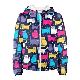 Женская куртка 3D с принтом Разноцветные котики в Петрозаводске, ткань верха — 100% полиэстер, подклад — флис | прямой крой, подол и капюшон оформлены резинкой с фиксаторами, два кармана без застежек по бокам, один большой потайной карман на груди. Карман на груди застегивается на липучку | blue | cat | colorful | cool | dots | kitten | paws | pink | tail | torso | white | yellow | белый | желтый | кот | котёнок | котик | котэ | кошка | лапы | прикольный | разноцветный | розовый | синий | точки | туловище | хвост