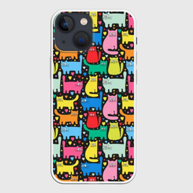 Чехол для iPhone 13 mini с принтом Разноцветные котики в Петрозаводске,  |  | blue | cat | cool | green | heart | kitten | multi colored | paws | pink | points | red | tail | torso | white | yellow | белый | желтый | зеленый | кот | котёнок | котик | котэ | кошка | красный | лапы | прикольный | разноцветный | розовый | се