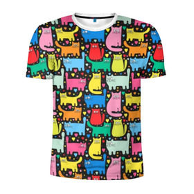 Мужская футболка 3D спортивная с принтом Разноцветные котики в Петрозаводске, 100% полиэстер с улучшенными характеристиками | приталенный силуэт, круглая горловина, широкие плечи, сужается к линии бедра | Тематика изображения на принте: blue | cat | cool | green | heart | kitten | multi colored | paws | pink | points | red | tail | torso | white | yellow | белый | желтый | зеленый | кот | котёнок | котик | котэ | кошка | красный | лапы | прикольный | разноцветный | розовый | се