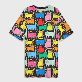Платье-футболка 3D с принтом Разноцветные котики в Петрозаводске,  |  | blue | cat | cool | green | heart | kitten | multi colored | paws | pink | points | red | tail | torso | white | yellow | белый | желтый | зеленый | кот | котёнок | котик | котэ | кошка | красный | лапы | прикольный | разноцветный | розовый | се