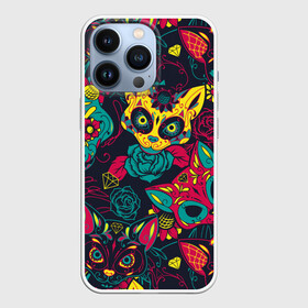 Чехол для iPhone 13 Pro с принтом Кошачий День Мёртвых в Петрозаводске,  |  | black | bright | cat | cool | ethnic | funny | holiday | kitten | kitty | mask | mexico | national | red | rose | turquo | yellow | бирюзовый | желтый | киса | кот | котёнок | котэ | кошка | красный | крутой | маска | мексика | национальный | праз