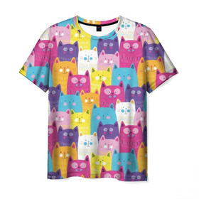 Мужская футболка 3D с принтом Разноцветные котики в Петрозаводске, 100% полиэфир | прямой крой, круглый вырез горловины, длина до линии бедер | blue | cat | colorful | cool | cute | funny | kitten | orange | paws | pink | purple | smile | tail | torso | white | yellow | белый | желтый | забавный | кот | котёнок | котик | котэ | кошка | лапы | милый | оранжевый | прикольный | разноцветны