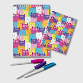 Блокнот с принтом Разноцветные котики в Петрозаводске, 100% бумага | 48 листов, плотность листов — 60 г/м2, плотность картонной обложки — 250 г/м2. Листы скреплены удобной пружинной спиралью. Цвет линий — светло-серый
 | Тематика изображения на принте: blue | cat | colorful | cool | cute | funny | kitten | orange | paws | pink | purple | smile | tail | torso | white | yellow | белый | желтый | забавный | кот | котёнок | котик | котэ | кошка | лапы | милый | оранжевый | прикольный | разноцветны