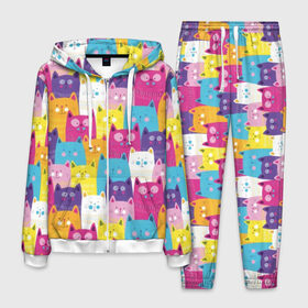 Мужской костюм 3D с принтом Разноцветные котики в Петрозаводске, 100% полиэстер | Манжеты и пояс оформлены тканевой резинкой, двухслойный капюшон со шнурком для регулировки, карманы спереди | blue | cat | colorful | cool | cute | funny | kitten | orange | paws | pink | purple | smile | tail | torso | white | yellow | белый | желтый | забавный | кот | котёнок | котик | котэ | кошка | лапы | милый | оранжевый | прикольный | разноцветны